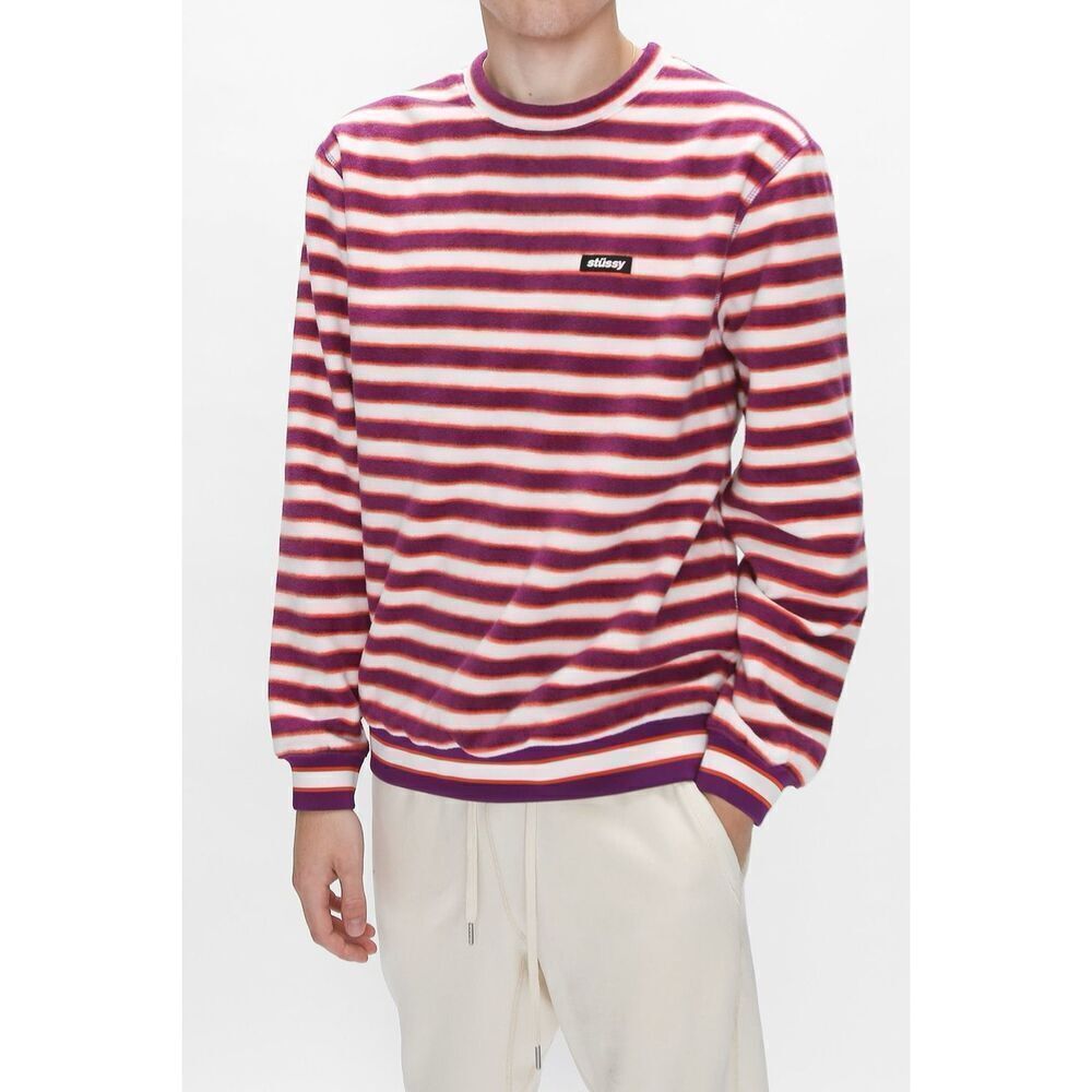 Stussy Stripe Polar Fleece Crew Neck Sweatshirt size S White Purple Berry
